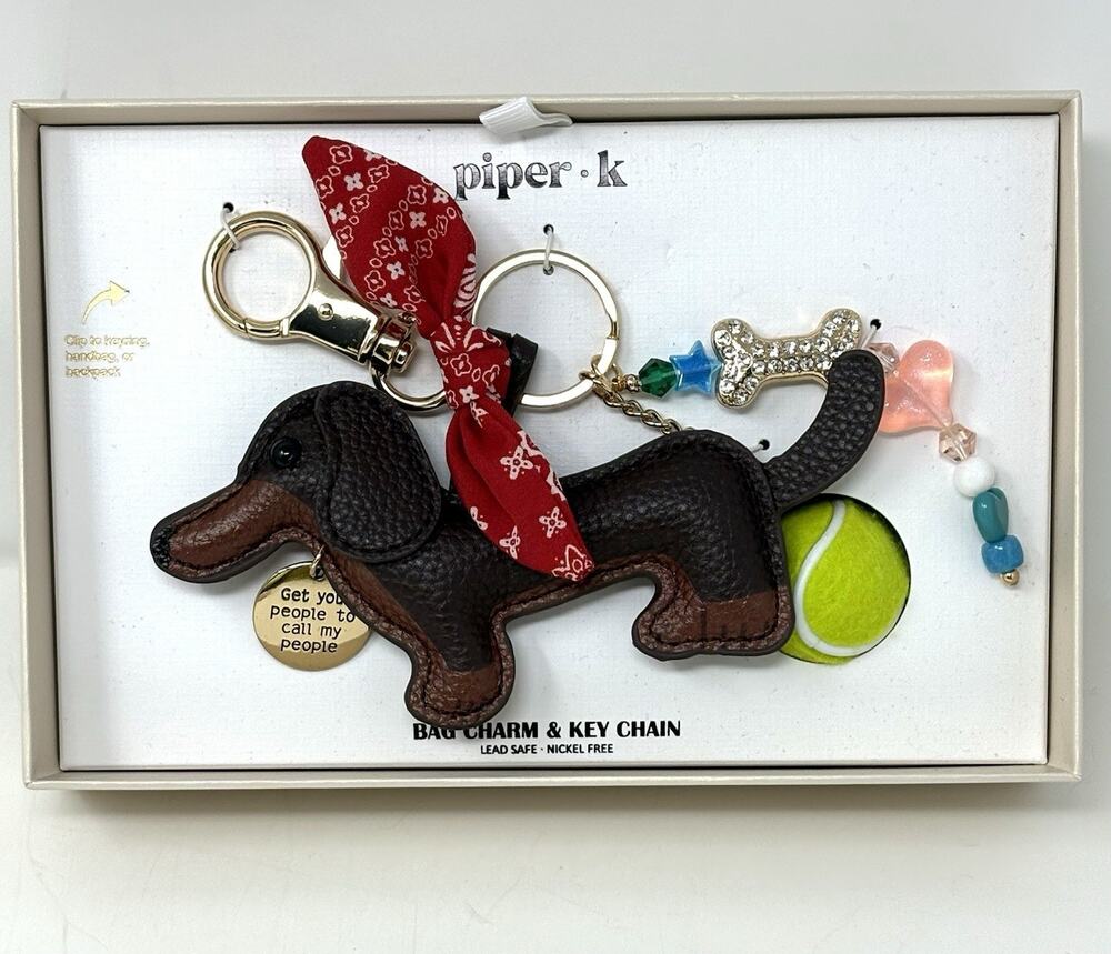 Piper K Dachshund Doxie Dog Bag Charm Tennis Ball Bandana Bone Keyring Keychain